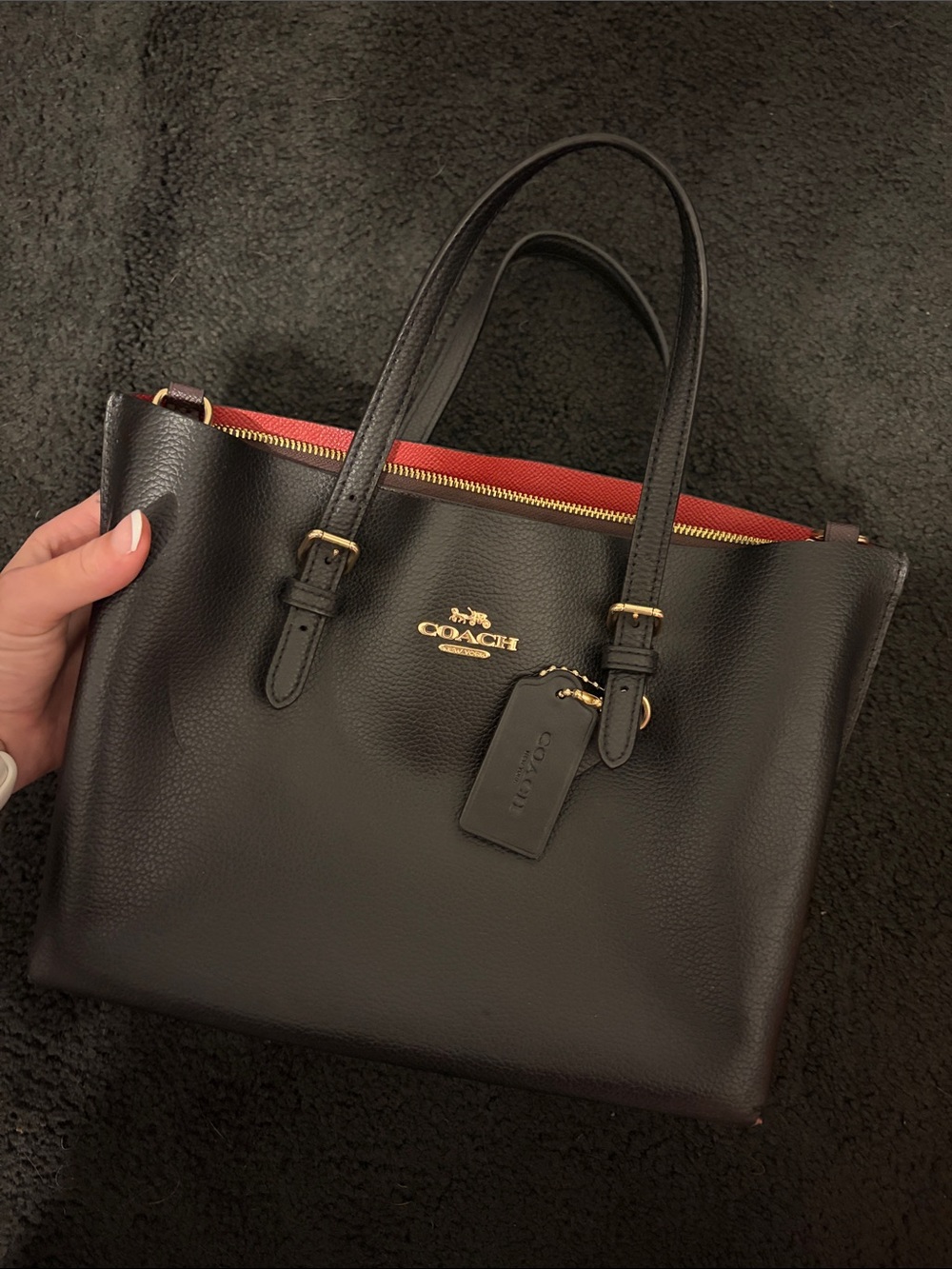 Coach Black Molly 25 Leather Tote with Red Interior and Gold Hardware